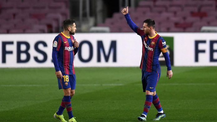 Lionel Messi of Barcelona celebrates after scoring their side's first goal as team mate Jordi Alba looks on during the La Liga Santander match between FC Barcelona and Athletic Club at Camp Nou Image credit: Getty Images Lionel Messi of Barcelona celebrates after scoring their side's first goal as team mate Jordi Alba looks on during the La Liga Santander match between FC Barcelona and Athletic Club at Camp Nou Image credit: Getty Images