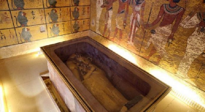 The golden sarcophagus of King Tutankhamun in his burial chamber in the Valley of the Kings The golden sarcophagus of King Tutankhamun in his burial chamber in the Valley of the Kings