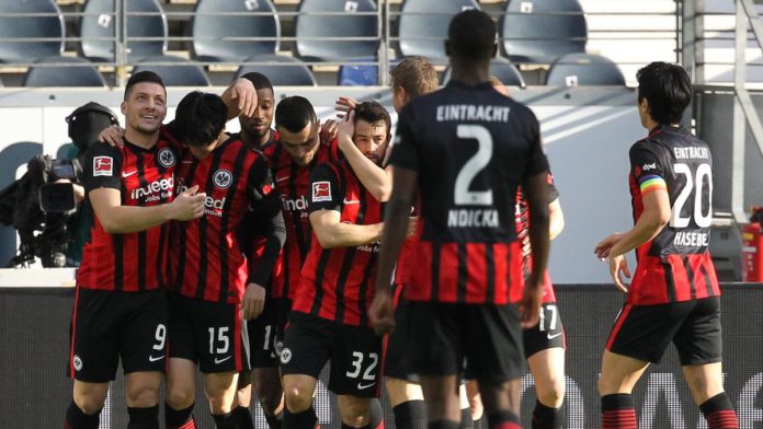 Frankfurt's Japanese midfielder Daichi Kamada (2nd L) celebrates with Frankfurt's Serbian forward Luka Jovic (L) and other teammates after scoring the 1-0 during the German first division Bundesliga football match Eintracht Frankfurt vs FC Bayern Munich i Image credit: Getty Images Frankfurt's Japanese midfielder Daichi Kamada (2nd L) celebrates with Frankfurt's Serbian forward Luka Jovic (L) and other teammates after scoring the 1-0 during the German first division Bundesliga football match Eintracht Frankfurt vs FC Bayern Munich i Image credit: Getty Images