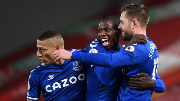 Gylfi Sigurdsson of Everton celebrates with teammates Richarlison and Abdoulaye Doucoure Image credit: Getty Images Gylfi Sigurdsson of Everton celebrates with teammates Richarlison and Abdoulaye Doucoure Image credit: Getty Images