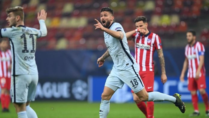 Olivier Giroud of Chelsea reacts as the flag goes up for offside. After a VAR deliberation the offside decision is overturned and Olivier Giroud scores their side's first goal during the UEFA Champions League Round of 16 match between Atletico Madrid and Image credit: Getty Images Olivier Giroud of Chelsea reacts as the flag goes up for offside. After a VAR deliberation the offside decision is overturned and Olivier Giroud scores their side's first goal during the UEFA Champions League Round of 16 match between Atletico Madrid and Image credit: Getty Images