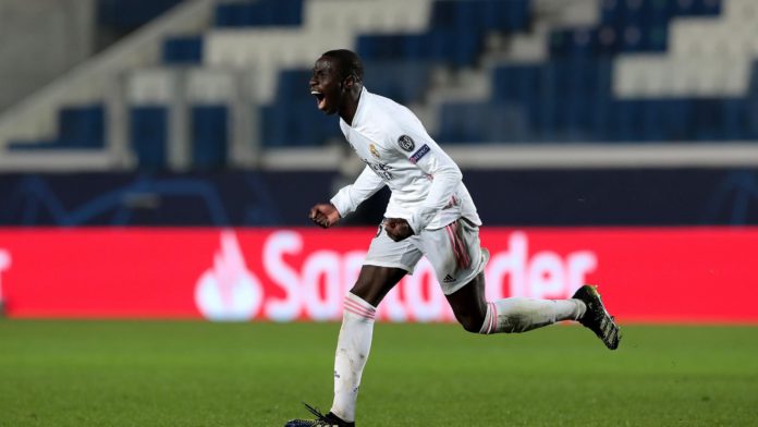 Ferland Mendy of Real Madrid celebrates after scoring their side's first goal during the UEFA Champions League Round of 16 match between Atalanta and Real Madrid at Gewiss Stadium on February 24, 2021 in Bergamo, Italy Image credit: Getty Images Ferland Mendy of Real Madrid celebrates after scoring their side's first goal during the UEFA Champions League Round of 16 match between Atalanta and Real Madrid at Gewiss Stadium on February 24, 2021 in Bergamo, Italy Image credit: Getty Images