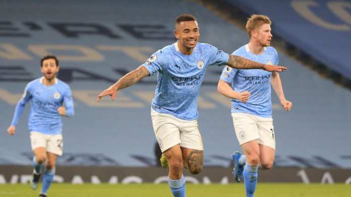 Gabriel Jesus of Manchester City celebrates after scoring their side's second goal during the Premier League match between Manchester City and Wolverhampton Wanderers at Etihad Stadium on March 02, 2021 in Manchester, England. Image credit: Getty Images Gabriel Jesus of Manchester City celebrates after scoring their side's second goal during the Premier League match between Manchester City and Wolverhampton Wanderers at Etihad Stadium on March 02, 2021 in Manchester, England. Image credit: Getty Images
