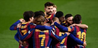 Barcelona players celebrate their third goal scored by Barcelona's Danish forward Martin Braithwaite during Spanish Copa del Rey (King's Cup) semi-final second leg football match between FC Barcelona and Sevilla FC at the Camp Nou stadium in Barcelona Image credit: Getty Images
