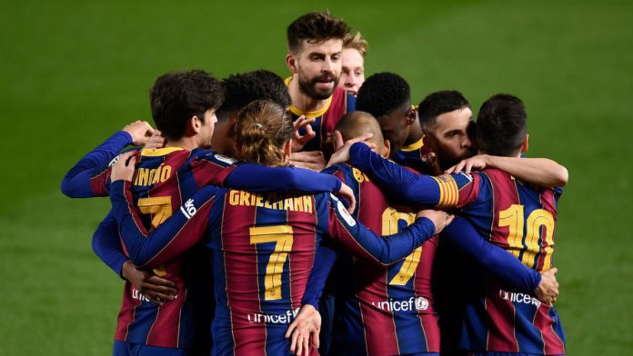 Barcelona players celebrate their third goal scored by Barcelona's Danish forward Martin Braithwaite during Spanish Copa del Rey (King's Cup) semi-final second leg football match between FC Barcelona and Sevilla FC at the Camp Nou stadium in Barcelona Image credit: Getty Images Barcelona players celebrate their third goal scored by Barcelona's Danish forward Martin Braithwaite during Spanish Copa del Rey (King's Cup) semi-final second leg football match between FC Barcelona and Sevilla FC at the Camp Nou stadium in Barcelona Image credit: Getty Images
