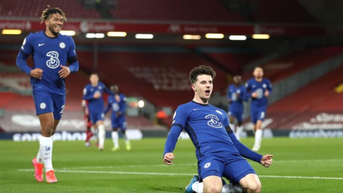 Mason Mount of Chelsea celebrates after scoring his team's first goal during the Premier League match between Liverpool and Chelsea at Anfield on March 04, 2021 in Liverpool, England Image credit: Getty Images Mason Mount of Chelsea celebrates after scoring his team's first goal during the Premier League match between Liverpool and Chelsea at Anfield on March 04, 2021 in Liverpool, England Image credit: Getty Images