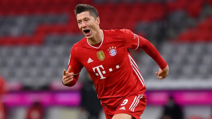 Robert Lewandowski of FC Bayern Muenchen celebrates after scoring their team's fourth goal, completing his hat-trick, during the Bundesliga match between FC Bayern Muenchen and Borussia Dortmund at Allianz Arena on March 06, 2021 in Munich, Germany. Image credit: Getty Images Robert Lewandowski of FC Bayern Muenchen celebrates after scoring their team's fourth goal, completing his hat-trick, during the Bundesliga match between FC Bayern Muenchen and Borussia Dortmund at Allianz Arena on March 06, 2021 in Munich, Germany. Image credit: Getty Images