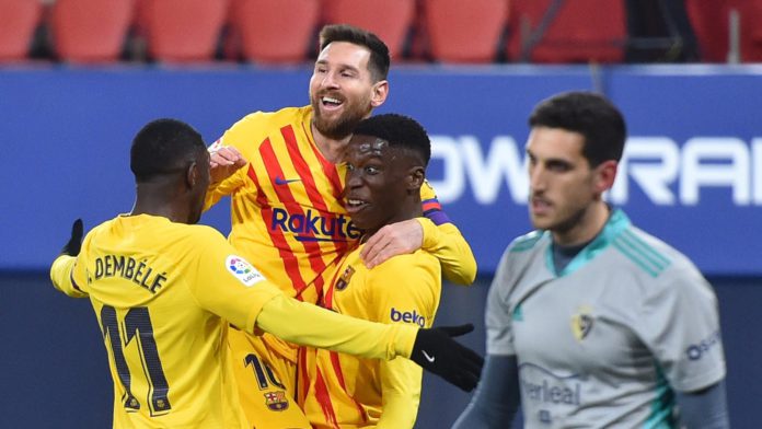 Ilaix Moriba of FC Barcelona celebrates with Lionel Messi and Ousmane Dembele after scoring their team's second goal during the La Liga Santander match between C.A. Osasuna and FC Barcelona at Estadio El Sadar on March 06, 2021 in Pamplona, Spain Image credit: Getty Images Ilaix Moriba of FC Barcelona celebrates with Lionel Messi and Ousmane Dembele after scoring their team's second goal during the La Liga Santander match between C.A. Osasuna and FC Barcelona at Estadio El Sadar on March 06, 2021 in Pamplona, Spain Image credit: Getty Images