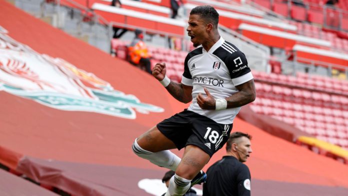 Fulham's Gabonese midfielder Mario Lemina (C) celebrates after scoring the opening goal of the English Premier League football match between Liverpool and Fulham at Anfield Image credit: Getty Images Fulham's Gabonese midfielder Mario Lemina (C) celebrates after scoring the opening goal of the English Premier League football match between Liverpool and Fulham at Anfield Image credit: Getty Images