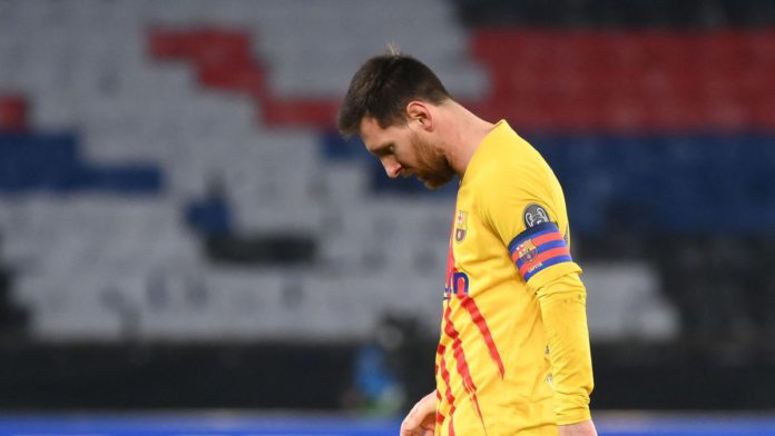 Barcelona's Argentinian forward Lionel Messi reacts during the UEFA Champions League round of 16 second leg football match between Paris Saint-Germain (PSG) and FC Barcelona at the Parc des Princes stadium in Paris, on March 10, 2021 Image credit: Getty Images Barcelona's Argentinian forward Lionel Messi reacts during the UEFA Champions League round of 16 second leg football match between Paris Saint-Germain (PSG) and FC Barcelona at the Parc des Princes stadium in Paris, on March 10, 2021 Image credit: Getty Images