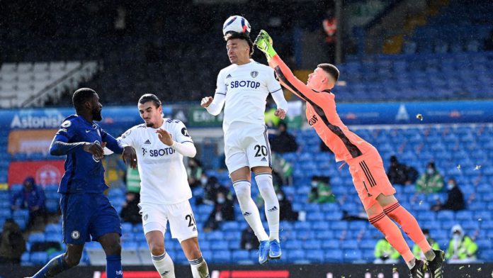 Rodrigo of Leeds United headers the ball, as Illan Meslier of Leeds United looks to punch Image credit: Getty Images Rodrigo of Leeds United headers the ball, as Illan Meslier of Leeds United looks to punch Image credit: Getty Images