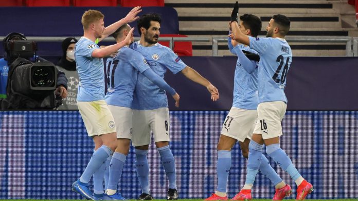 Ilkay Gundogan of Manchester City celebrates with team mates Phil Foden, Kevin De Bruyne, Joao Cancelo and Riyad Mahrez after scoring their side's second goal during the UEFA Champions League Round of 16 match between Manchester City and Borussia Moenchen Image credit: Getty Images Ilkay Gundogan of Manchester City celebrates with team mates Phil Foden, Kevin De Bruyne, Joao Cancelo and Riyad Mahrez after scoring their side's second goal during the UEFA Champions League Round of 16 match between Manchester City and Borussia Moenchen Image credit: Getty Images