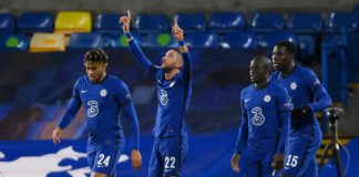 Hakim Ziyech of Chelsea celebrates with teammates Reece James, Ngolo Kante and Kurt Zouma after scoring their team's first goal during the UEFA Champions League Round of 16 match between Chelsea FC and Atletico Madrid at Stamford Bridge on March 17, 2021 Image credit: Getty Images