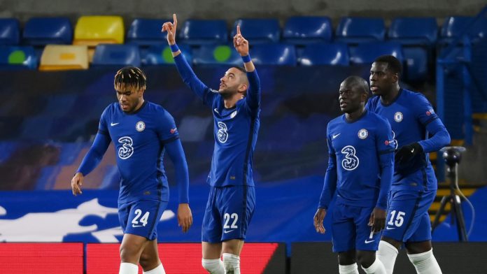 Hakim Ziyech of Chelsea celebrates with teammates Reece James, Ngolo Kante and Kurt Zouma after scoring their team's first goal during the UEFA Champions League Round of 16 match between Chelsea FC and Atletico Madrid at Stamford Bridge on March 17, 2021 Image credit: Getty Images Hakim Ziyech of Chelsea celebrates with teammates Reece James, Ngolo Kante and Kurt Zouma after scoring their team's first goal during the UEFA Champions League Round of 16 match between Chelsea FC and Atletico Madrid at Stamford Bridge on March 17, 2021 Image credit: Getty Images
