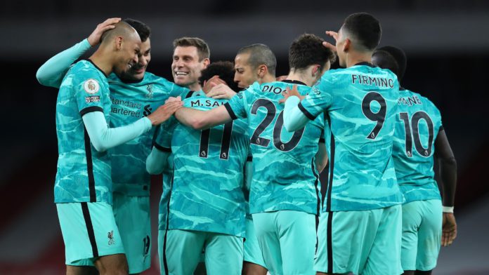 Mohamed Salah of Liverpool celebrates with Fabinho, Ozan Kabak, James Milner, Thiago Alcantara and teammates after scoring their team's second goal during the Premier League match between Arsenal and Liverpool at Emirates Stadium on April 03, 2021 in London Image credit: Getty Images Mohamed Salah of Liverpool celebrates with Fabinho, Ozan Kabak, James Milner, Thiago Alcantara and teammates after scoring their team's second goal during the Premier League match between Arsenal and Liverpool at Emirates Stadium on April 03, 2021 in London Image credit: Getty Images