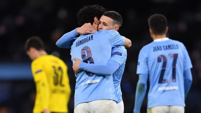 Manchester City's English midfielder Phil Foden (2R) celebrates scoring his team's second goal with Manchester City's German midfielder Ilkay Gundogan during the UEFA Champions League first leg quarter-final football match between Manchester City and Borussia Dortmund. Image credit: Getty Images Manchester City's English midfielder Phil Foden (2R) celebrates scoring his team's second goal with Manchester City's German midfielder Ilkay Gundogan during the UEFA Champions League first leg quarter-final football match between Manchester City and Borussia Dortmund. Image credit: Getty Images