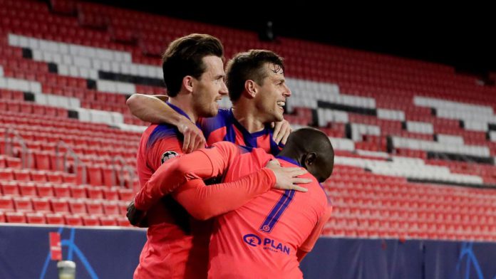 Ben Chilwell of Chelsea Celebrates 0-2 with Cesar Azpilicueta of Chelsea, NGolo Kante of Chelsea during the UEFA Champions League match between FC Porto v Chelsea at the Ramon Sanchez Pizjuan Stadium on April 7, 2021 in Seville Spain Image credit: Getty Images Ben Chilwell of Chelsea Celebrates 0-2 with Cesar Azpilicueta of Chelsea, NGolo Kante of Chelsea during the UEFA Champions League match between FC Porto v Chelsea at the Ramon Sanchez Pizjuan Stadium on April 7, 2021 in Seville Spain Image credit: Getty Images