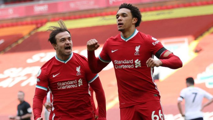 Liverpool's English defender Trent Alexander-Arnold (R) celebrates scoring his team's second goal during the English Premier League football match between Liverpool and Aston Villa at Anfield in Liverpool, north west England on April 10, 2021. Image credit: Getty Images Liverpool's English defender Trent Alexander-Arnold (R) celebrates scoring his team's second goal during the English Premier League football match between Liverpool and Aston Villa at Anfield in Liverpool, north west England on April 10, 2021. Image credit: Getty Images