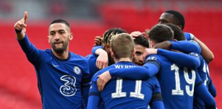 Hakim Ziyech of Chelsea celebrates with teammates after scoring their team's first goal during the Semi Final of the Emirates FA Cup match between Manchester City and Chelsea FC at Wembley Stadium on April 17, 2021 in London, England Image credit: Getty Images