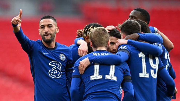Hakim Ziyech of Chelsea celebrates with teammates after scoring their team's first goal during the Semi Final of the Emirates FA Cup match between Manchester City and Chelsea FC at Wembley Stadium on April 17, 2021 in London, England Image credit: Getty Images Hakim Ziyech of Chelsea celebrates with teammates after scoring their team's first goal during the Semi Final of the Emirates FA Cup match between Manchester City and Chelsea FC at Wembley Stadium on April 17, 2021 in London, England Image credit: Getty Images