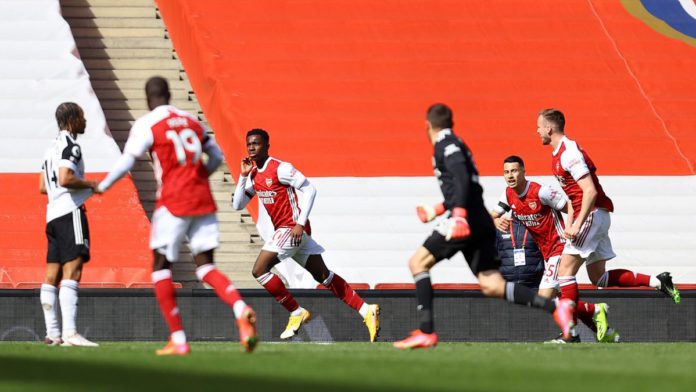 Eddie Nketiah of Arsenal celebrates after scoring his team's first goal during the Premier League match between Arsenal and Fulham at Emirates Stadium Image credit: Getty Images Eddie Nketiah of Arsenal celebrates after scoring his team's first goal during the Premier League match between Arsenal and Fulham at Emirates Stadium Image credit: Getty Images