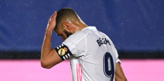 Real Madrid's French forward Karim Benzema gestures during the Spanish League football match between Real Madrid CF and Real Betis at the Alfredo di Stefano stadium in Valdebebas, on the outskirts of Madrid, on April 24, 2021. Image credit: Getty Images