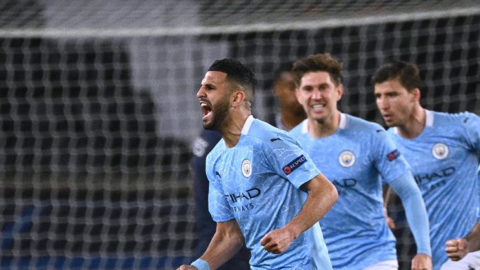 Manchester City's Algerian midfielder Riyad Mahrez celebrates after scoring a goal during the UEFA Champions League first leg semi-final football match between Paris Saint-Germain (PSG) and Manchester City at the Parc des Princes stadium in Paris Image credit: Getty Images Manchester City's Algerian midfielder Riyad Mahrez celebrates after scoring a goal during the UEFA Champions League first leg semi-final football match between Paris Saint-Germain (PSG) and Manchester City at the Parc des Princes stadium in Paris Image credit: Getty Images