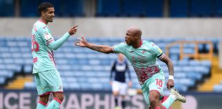 Andre Ayew celebrates with Swansea City teammate