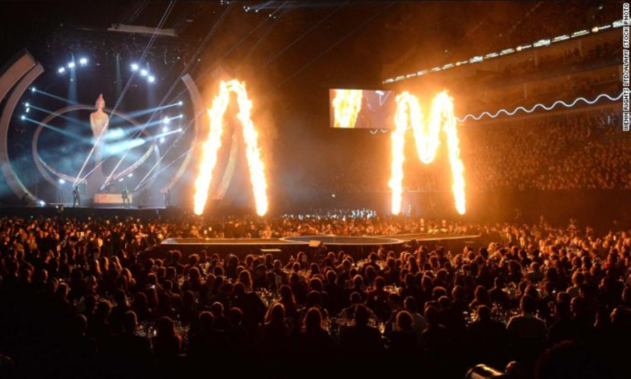 The Brit Awards take place at the O2 in 2014, in front of a full audience.