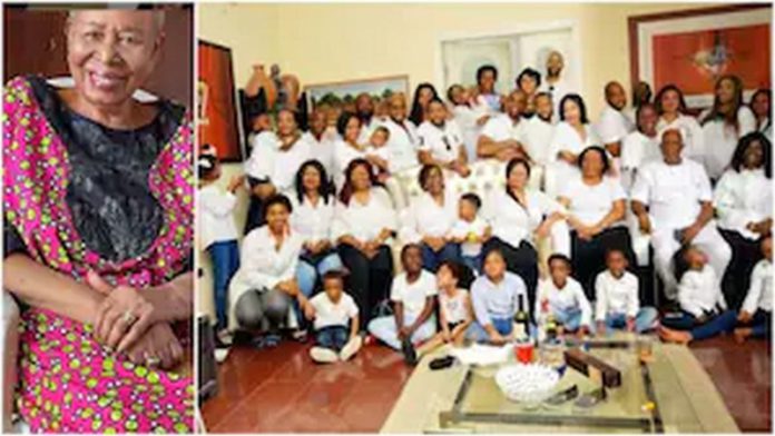 Lady Monica Okoye has 12 children , 8 surviving who gave her 36 grand-,children and 43 great grand children. Lady Monica Okoye has 12 children , 8 surviving who gave her 36 grand-,children and 43 great grand children.