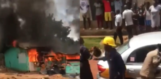 Fire service personnel arrive in taxi to douse flames at Akyem Begoro