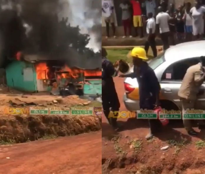 Fire service personnel arrive in taxi to douse flames at Akyem Begoro Fire service personnel arrive in taxi to douse flames at Akyem Begoro