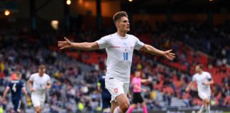 JUNE 14: Patrik Schick of Czech Republic celebrates after scoring their side's first goal during the UEFA Euro 2020 Championship Group D match between Scotland v Czech Republic at Hampden Park on June 14, 2021 in Glasgow, Scotland Image credit: Getty Images