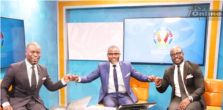 Nathaniel Attoh, Laryea Kingsto and Stephen Appiah in the studios of Joy Prime for the coverage of the Euro 2020