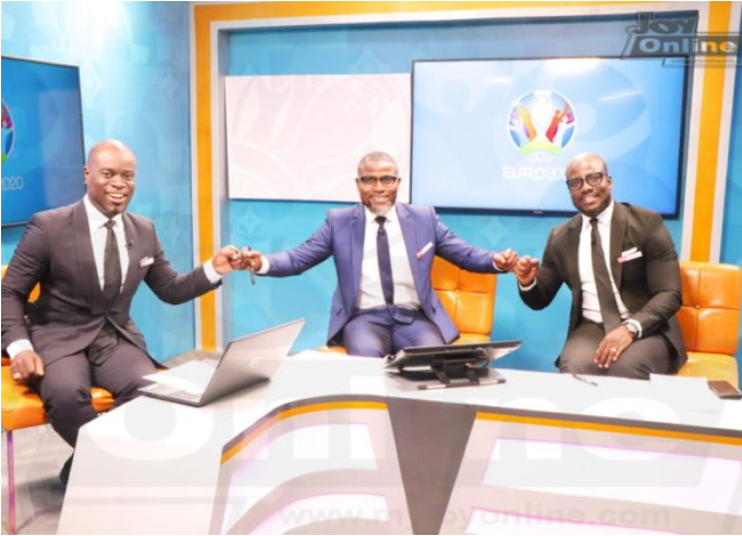 Nathaniel Attoh, Laryea Kingsto and Stephen Appiah in the studios of Joy Prime for the coverage of the Euro 2020 Nathaniel Attoh, Laryea Kingsto and Stephen Appiah in the studios of Joy Prime for the coverage of the Euro 2020