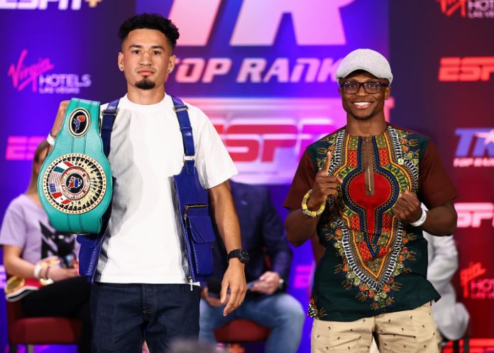 LAS VEGAS, NEVADA - JUNE 17: Adam Lopez (L) and Issac Dogboe (R) posed during their press conference for the NABF featherweight championship at Virgin Hotels Las Vegas on June 17, 2021 in Las Vegas, Nevada. (Photo by Mikey Williams/Top Rank Inc via Getty LAS VEGAS, NEVADA - JUNE 17: Adam Lopez (L) and Issac Dogboe (R) posed during their press conference for the NABF featherweight championship at Virgin Hotels Las Vegas on June 17, 2021 in Las Vegas, Nevada. (Photo by Mikey Williams/Top Rank Inc via Getty