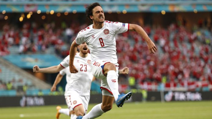 Thomas Delaney of Denmark celebrates after scoring their side's first goal during the UEFA Euro 2020 Championship Quarter-final match between Czech Republic and Denmark at Baku Olimpiya Stadionu on July 03, 2021 in Baku, Azerbaijan. Image credit: Getty Images Thomas Delaney of Denmark celebrates after scoring their side's first goal during the UEFA Euro 2020 Championship Quarter-final match between Czech Republic and Denmark at Baku Olimpiya Stadionu on July 03, 2021 in Baku, Azerbaijan. Image credit: Getty Images