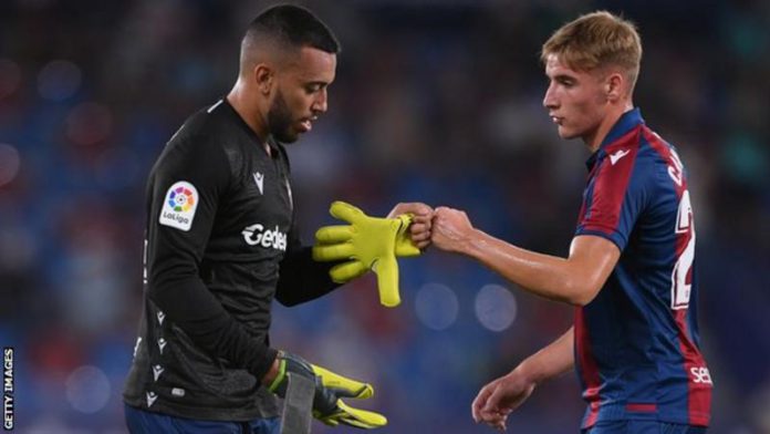 Portuguese defender Ruben Vezo ended up in goal for 10-man Levante Portuguese defender Ruben Vezo ended up in goal for 10-man Levante