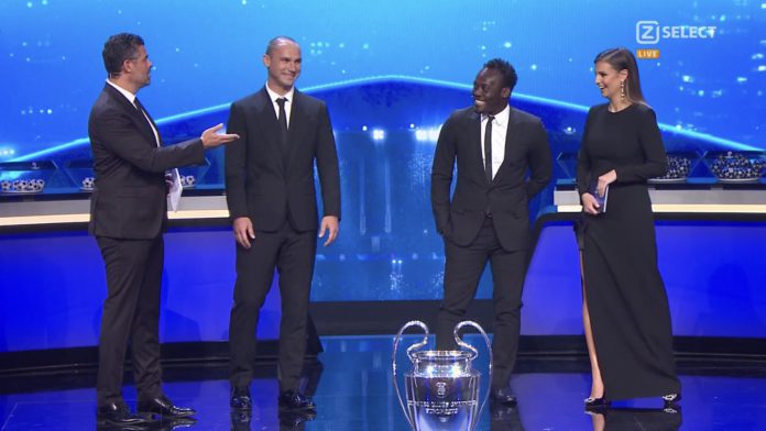 Michael Essien during 2021/22 Champions League draw Michael Essien during 2021/22 Champions League draw