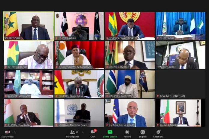 A screenshot shows a teleconference during the ECOWAS Authority of Heads of State and Government on the Socio-Political Situation in Guinea ECOWAS