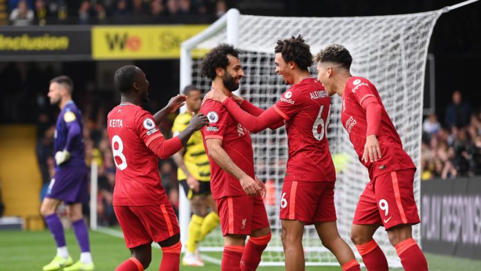 WATFORD, ENGLAND - OCTOBER 16: Mohamed Salah of Liverpool celebrates with teammates Naby Keita, Trent Alexander-Arnold and Roberto Firmino after scoring their side's fourth goal during the Premier League match between Watford and Liverpool at Vicarage Roa Image credit: Getty Images WATFORD, ENGLAND - OCTOBER 16: Mohamed Salah of Liverpool celebrates with teammates Naby Keita, Trent Alexander-Arnold and Roberto Firmino after scoring their side's fourth goal during the Premier League match between Watford and Liverpool at Vicarage Roa Image credit: Getty Images