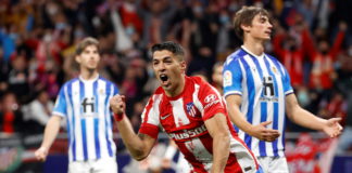 Atletico's Uruguayan striker Luis Suarez celebrates after scoring the 1-2 during the Spanish LaLiga soccer match between Atletico de Madrid and Real Sociedad at Wanda Metropolitano stadium in Madrid, Spain, 24 October 2021. EPA/Mariscal