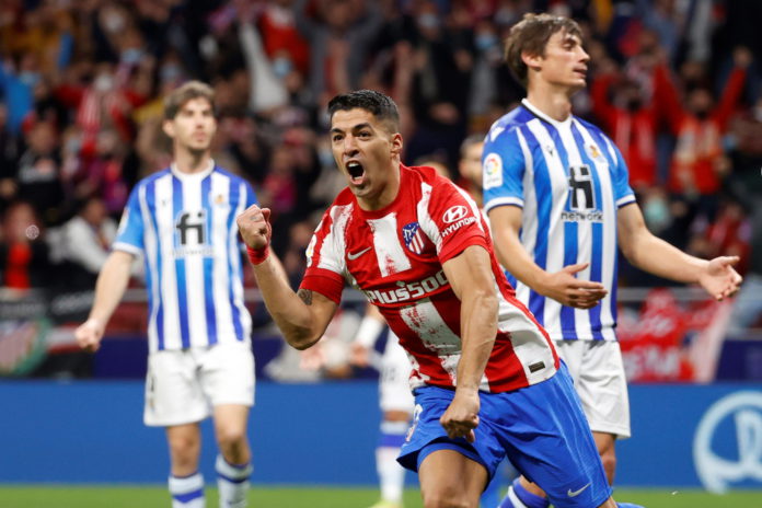 Atletico's Uruguayan striker Luis Suarez celebrates after scoring the 1-2 during the Spanish LaLiga soccer match between Atletico de Madrid and Real Sociedad at Wanda Metropolitano stadium in Madrid, Spain, 24 October 2021. EPA/Mariscal Atletico's Uruguayan striker Luis Suarez celebrates after scoring the 1-2 during the Spanish LaLiga soccer match between Atletico de Madrid and Real Sociedad at Wanda Metropolitano stadium in Madrid, Spain, 24 October 2021. EPA/Mariscal