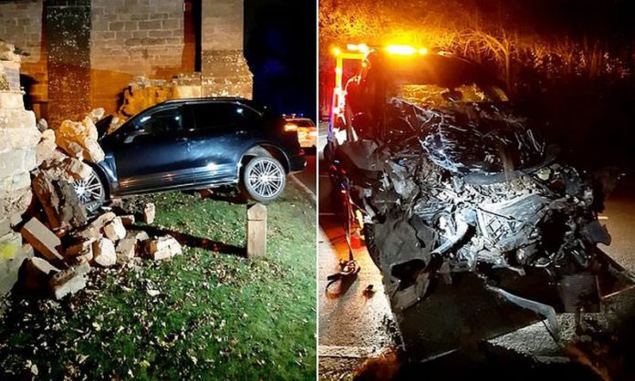 Dramatic pictures taken by Warwickshire Police show the mangled remains of the £60,000 Cayenne following the crash