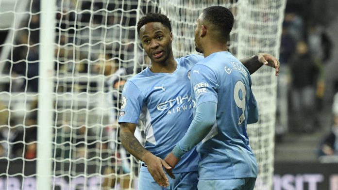 Manchester City's English midfielder Raheem Sterling (L) celebrates with Manchester City's Brazilian striker Gabriel Jesus (R) after scoring their fourth goal during the English Premier League football match between Newcastle United and Manchester City Image credit: Getty Images Manchester City's English midfielder Raheem Sterling (L) celebrates with Manchester City's Brazilian striker Gabriel Jesus (R) after scoring their fourth goal during the English Premier League football match between Newcastle United and Manchester City Image credit: Getty Images