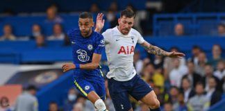 Chelsea's Moroccan midfielder Hakim Ziyech (L) vies with Tottenham Hotspur's Danish midfielder Pierre-Emile Hojbjerg (R) during the pre-season friendly football match between Chelsea and Tottenham Hotspur at Stamford Bridge in London on August 4, 2021. - RESTRICTED TO EDITORIAL USE. No use with unauthorized audio, video, data, fixture lists, club/league logos or 'live' services. Online in-match use limited to 75 images, no video emulation. No use in betting, games or single club/league/player publications. (Photo by Glyn KIRK / AFP) / RESTRICTED TO EDITORIAL USE. No use with unauthorized audio, video, data, fixture lists, club/league logos or 'live' services. Online in-match use limited to 75 images, no video emulation. No use in betting, games or single club/league/player publications. / RESTRICTED TO EDITORIAL USE. No use with unauthorized audio, video, data, fixture lists, club/league logos or 'live' services. Online in-match use limited to 75 images, no video emulation. No use in betting, games or single club/league/player publications. (Photo by GLYN KIRK/AFP via Getty Images)