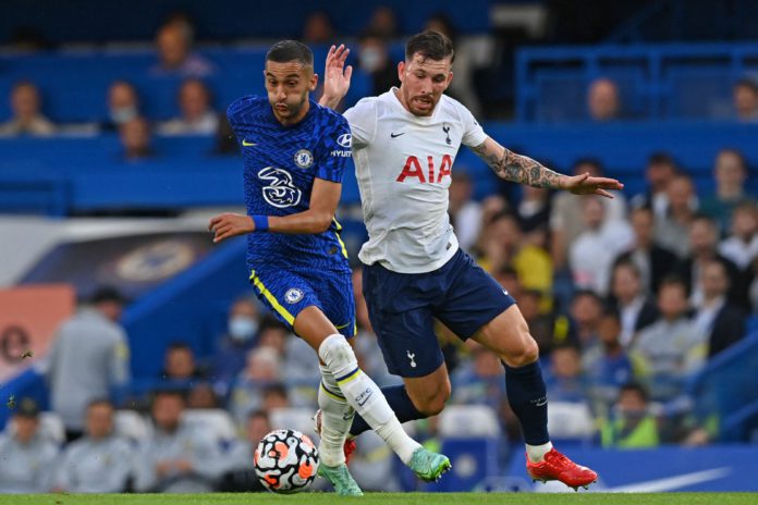 Chelsea's Moroccan midfielder Hakim Ziyech (L) vies with Tottenham Hotspur's Danish midfielder Pierre-Emile Hojbjerg (R) during the pre-season friendly football match between Chelsea and Tottenham Hotspur at Stamford Bridge in London on August 4, 2021. - RESTRICTED TO EDITORIAL USE. No use with unauthorized audio, video, data, fixture lists, club/league logos or 'live' services. Online in-match use limited to 75 images, no video emulation. No use in betting, games or single club/league/player publications. (Photo by Glyn KIRK / AFP) / RESTRICTED TO EDITORIAL USE. No use with unauthorized audio, video, data, fixture lists, club/league logos or 'live' services. Online in-match use limited to 75 images, no video emulation. No use in betting, games or single club/league/player publications. / RESTRICTED TO EDITORIAL USE. No use with unauthorized audio, video, data, fixture lists, club/league logos or 'live' services. Online in-match use limited to 75 images, no video emulation. No use in betting, games or single club/league/player publications. (Photo by GLYN KIRK/AFP via Getty Images) Chelsea's Moroccan midfielder Hakim Ziyech (L) vies with Tottenham Hotspur's Danish midfielder Pierre-Emile Hojbjerg (R) during the pre-season friendly football match between Chelsea and Tottenham Hotspur at Stamford Bridge in London on August 4, 2021. - RESTRICTED TO EDITORIAL USE. No use with unauthorized audio, video, data, fixture lists, club/league logos or 'live' services. Online in-match use limited to 75 images, no video emulation. No use in betting, games or single club/league/player publications. (Photo by Glyn KIRK / AFP) / RESTRICTED TO EDITORIAL USE. No use with unauthorized audio, video, data, fixture lists, club/league logos or 'live' services. Online in-match use limited to 75 images, no video emulation. No use in betting, games or single club/league/player publications. / RESTRICTED TO EDITORIAL USE. No use with unauthorized audio, video, data, fixture lists, club/league logos or 'live' services. Online in-match use limited to 75 images, no video emulation. No use in betting, games or single club/league/player publications. (Photo by GLYN KIRK/AFP via Getty Images)