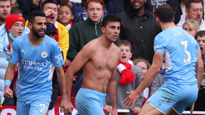 Rodri of Manchester City celebrates after scoring their side's second goal during the Premier League match between Arsenal and Manchester City at Emirates Stadium Image credit: Getty Images Rodri of Manchester City celebrates after scoring their side's second goal during the Premier League match between Arsenal and Manchester City at Emirates Stadium Image credit: Getty Images