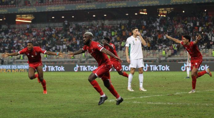 Esteban Orozco Fernandez of Equatorial Guinea celebrates scoring the opening goal during the 2021 Africa Cup of Nations Afcon Finals Algeria v Equatorial Guinea at Japoma Stadium in Douala, Cameroon on 16 January 2022 ©Shaun Roy/BackpagePix Esteban Orozco Fernandez of Equatorial Guinea celebrates scoring the opening goal during the 2021 Africa Cup of Nations Afcon Finals Algeria v Equatorial Guinea at Japoma Stadium in Douala, Cameroon on 16 January 2022 ©Shaun Roy/BackpagePix