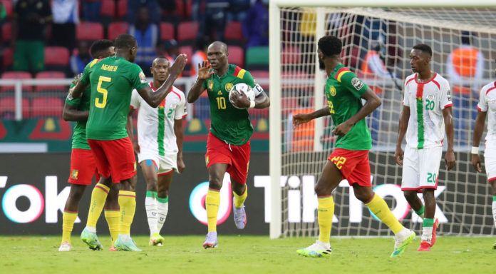 Vincent Aboubakar of Cameroon celebrates after scoring a goal during the 2021 Africa Cup of Nations Afcon Finals football Cameroon ad Burkina Faso at Olembe Stadium in Yaounde, Cameroon on 09 January 2022 ©Muzi Ntombela/BackpagePix Vincent Aboubakar of Cameroon celebrates after scoring a goal during the 2021 Africa Cup of Nations Afcon Finals football Cameroon ad Burkina Faso at Olembe Stadium in Yaounde, Cameroon on 09 January 2022 ©Muzi Ntombela/BackpagePix